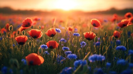 Obraz premium Sunset Poppy Field: A breathtaking panorama of vibrant red poppies and cornflowers bathed in the golden light of a setting sun, creating a serene and picturesque landscape.