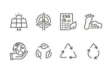Sustainability ESG icon set. Thin line editable stroke icons for renewable energy, recycling, environmental impact, carbon footprint, green practices, water reuse, and planet care