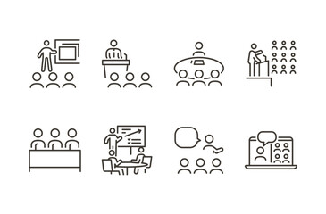 Presentation icon set. Thin line editable stroke icons for public speaking, panels, keynote, live conferences, speeches, discussions, communication and educational events