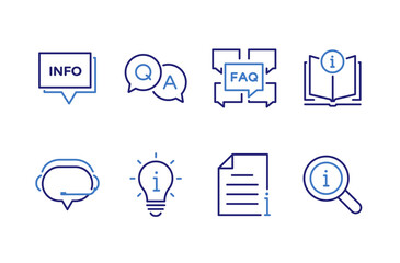 User support and info icon set. Thin line editable stroke icons for help center, faq, customer assistance, knowledge base, guidance, contact, answers, and information access