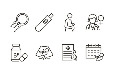 Fototapeta na wymiar Prenatal fertility icon set. Thin line editable stroke icons for pregnancy care, conception, female health, baby development, vitamins, medical tracking, and ultrasound scans