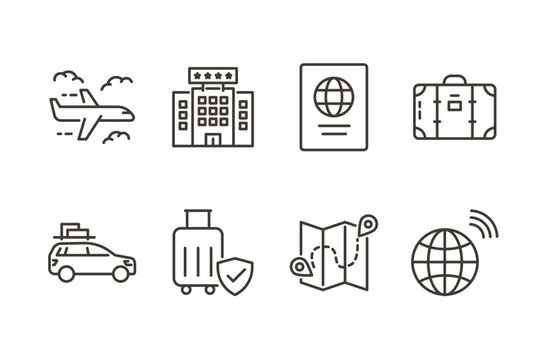 Travel and tourism icon set. Thin line editable stroke icons for trip planning, vacation, hotel booking, transportation, passports, luggage, maps, summer holidays and travel safety