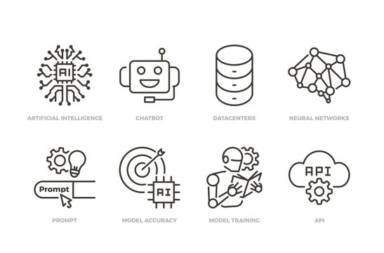 AI machine learning icon set. Thin line editable stroke icons for artificial intelligence, chatbot, neural networks, training models, prompts, accuracy, and API integration