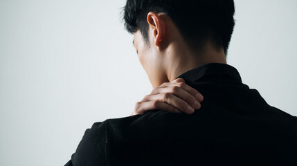肩こりの疲労に悩まされる男性の後ろ姿の写真