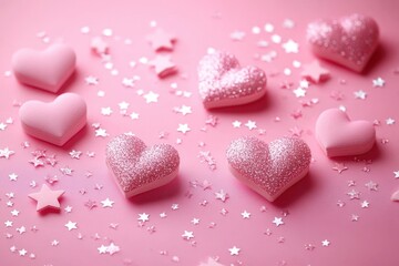 Obraz premium Close-up of shiny and matte pink heart-shaped ornaments surrounded by small star-shaped confetti on a pink background evoking love and celebration