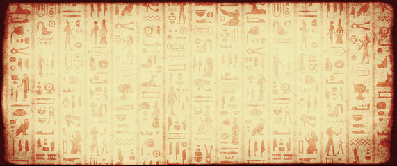 Horizontal travel banner with egyptian hieroglyphs. Grunge background with old paper texture and...