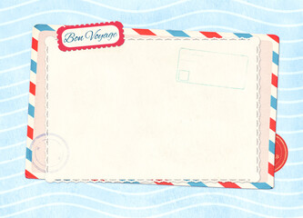 Plakat Horizontal travel background with retro postcard on vintage paper of blue color and wave pattern. Bon Voyage - Have a nice trip, in French. Topic of travel, trip abroad on vacation, cruises and tours