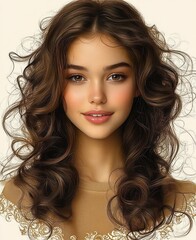 Fototapeta premium Portrait of a young woman with voluminous curly brown hair, warm brown eyes, natural glowing makeup, and a soft smile wearing a light brown top with intricate lace details