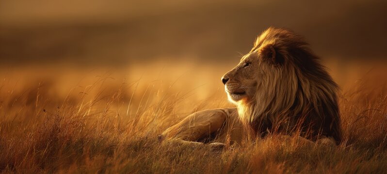 The majestic lion resting peacefully in golden savanna grass at sunset.