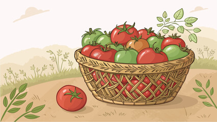Tomatoes in basket in natural background vector design, Tomato vector design, Red Tomato in basket vector design