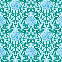 Abstract monochrome blue flowers seamless pattern. Stylized hand drawn flowers and green leaves endless background. Repeat ornamental floral allover backdrop