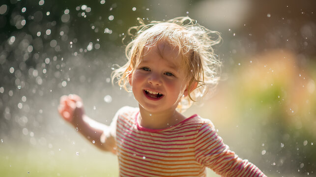 Happy toddler playing with water spray outdoors on a sunny summer day. Joyful expression, refreshing water droplets, and vibrant light create a perfect moment of childhood fun and heat relief.