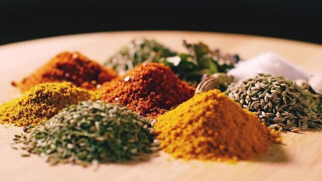 The image shows a variety of spices and seasonings, including cumin, turmeric, paprika, and herbs