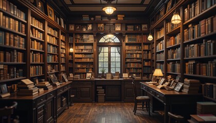 A well-lit library interior, showcasing numerous bookshelves.