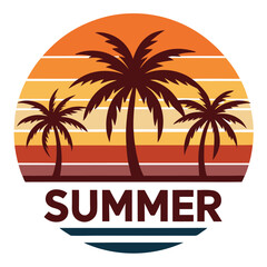 Three Palm Trees at Sunset with the Word Summer in Maroon on a White Background