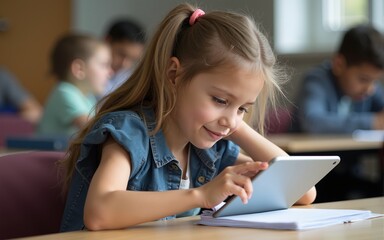 girl studies in class with her tablet. High quality