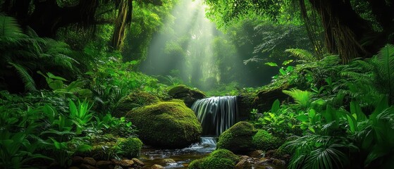 Lush green forest with dense foliage and moss-covered rocks surrounding a small cascading waterfall under soft beams of sunlight
