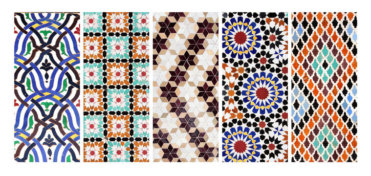 Set of vertical or horizontal banners with detail of ancient mosaic walls with geometric ornaments. Collection of background with traditional islamic tile decoration. Tile decor on old wall