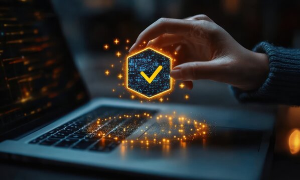 Hand interacting with glowing digital shield icon featuring a check mark above a laptop keyboard in a dark setting, symbolizing cybersecurity and digital protection - Powered by Adobe