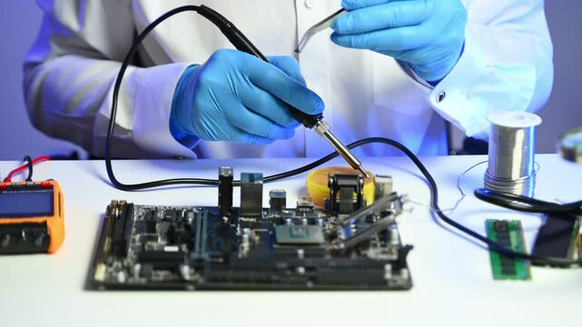 Precision closeup of soldering a circuit board. Ideal for themes on electronics repair, computer hardware, engineering