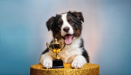 Exuberant Border Collie Puppy Holds Trophy after Triumph at Dog Show Radiant Joy and Euphoria Fills the Scene as Gold Trophy Shines against a Backdrop of Blue Ribbons and Cheering Crowd