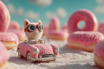 A cool llama in aviator goggles driving a tiny convertible through a desert of giant donuts, playful surreal background, funky style.