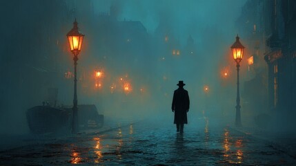 A close-up illustration of a detective man walking alone on a cobblestone street shrouded in mist, creating a mysterious, suspenseful, retro black movie atmosphere and classic detective story emotions