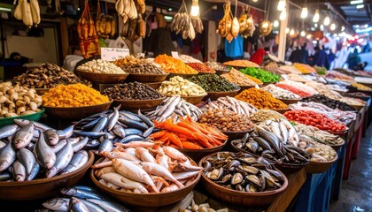 Fototapeta premium Colorful Seafood And Produce Market Stall