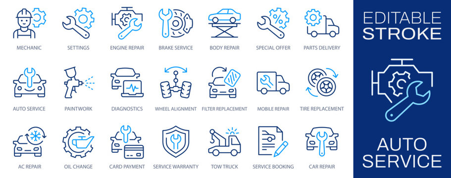 Auto service icons set with car repair, diagnostics, painting, mechanic and and more. Editable stroke. Change to any size and any color.