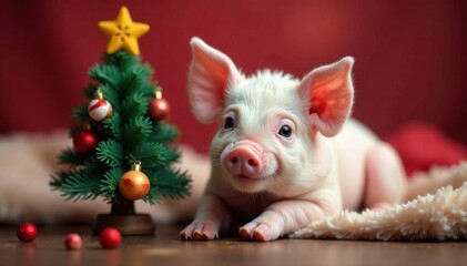 Adorable piglet rests by a decorated mini tree Heartwarming holiday image , holly, cute, decor