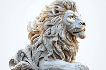 Obraz premium majestic white lion sculpture with intricately detailed swirling mane and calm, proud expression against a plain light background