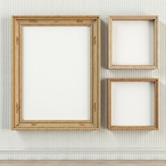 Three weathered light brown wood picture frames, empty, on a textured wall , wooden, image
