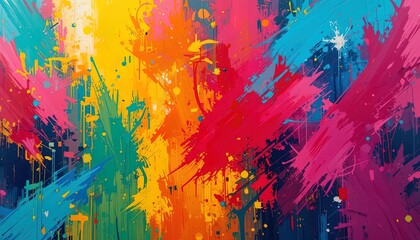 Fototapeta premium Vibrant abstract painting with expressive brushstrokes and splatters.
