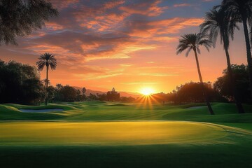 Sunset over a lush golf course green surrounded by palm trees with colorful sky and distant mountains