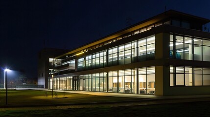 Modern business center at night illuminated by vibrant neon lights and glowing windows, showcasing sleek architectural designs and a bustling urban atmosphere. The tall skyscrapers stand out against t
