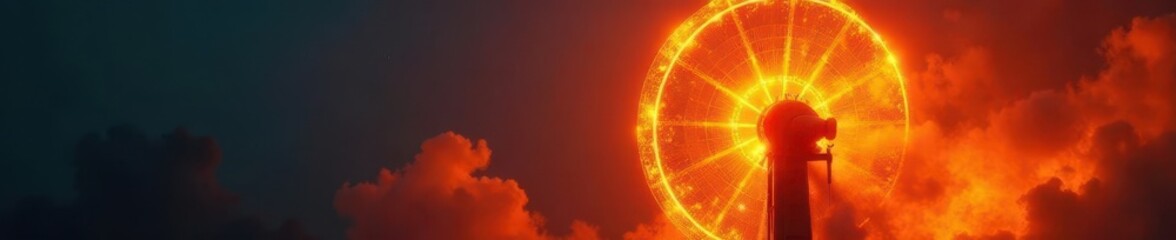 Close-up view, spinning turbine, fiery orange glow, engineering, heat