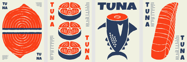 Bold graphic tuna fish poster set with modern seafood cuts, fresh fillet illustrations, and stylish vintage food.