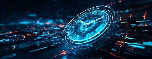 Time's Cyber Pulse: A neon-lit clock face pulsates within a futuristic, data-driven digital landscape. Evoking the relentless flow of time and technological advancement.