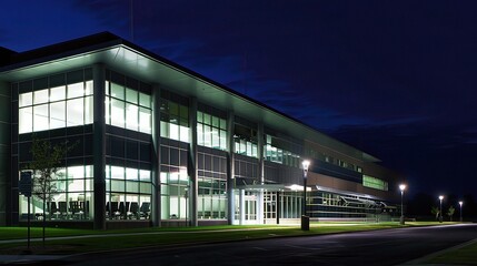 Modern business center at night illuminated by vibrant neon lights and glowing windows, showcasing sleek architectural designs and a bustling urban atmosphere. The tall skyscrapers stand out against t