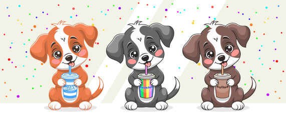 Vector set of cute cartoon friendly funny little puppies sitting and drinking from cups with straws, milk, cocktail and coffee. Cuddly pets. Toon adorable doggies. Collection of nice dogs