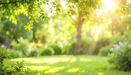 serene garden scene with dappled sunlight filtering through lush foliage, creating peaceful
