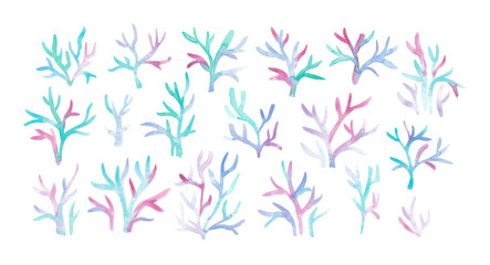 Aquarelle corals clip art.  Seaweeds hand drawn with watercolour. Underwater digital print. Ocean plants set. Colorful marine flora
