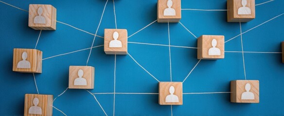 The connected network diagram of wooden blocks representing people and relationships.