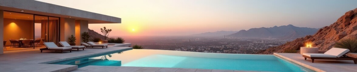 Geometric concrete desert home, infinity pool, city view, stone, aerial view