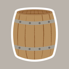 Brown wooden barrel with white outline on gray background. Oktoberfest sticker. Vector illustration. Square background with drink. Oak barrel for wine and beer with hoops.