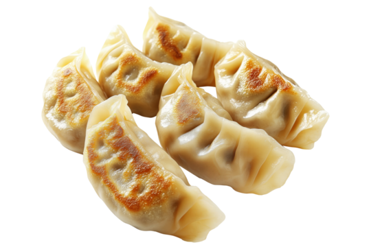 Pan-fried or steamed dumplings Jiaoz with golden crispy bottoms, isolated on white transparent background, concept of Asian traditional cuisine