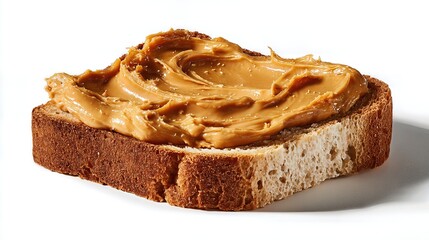 Smooth, creamy peanut butter is evenly spread over golden toast, set against a white background.
