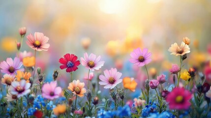 Colorful wildflowers blooming in a sunlit field with soft focus and warm golden light creating a peaceful and vibrant atmosphere