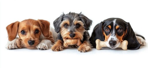 Three small dogs lying down side by side each holding a bone-shaped biscuit in their mouths, looking calmly at the camera against a white background
