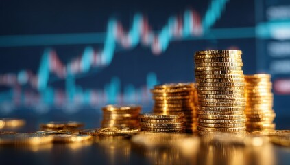 Stacks of gold coins with stock chart